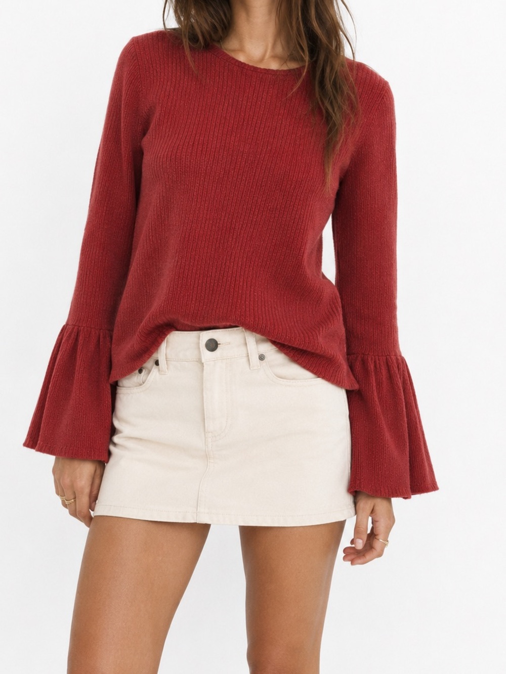 Anthropologie Porridge Red Bell‑Sleeve Textured Top XS — Keyhole‎ Back